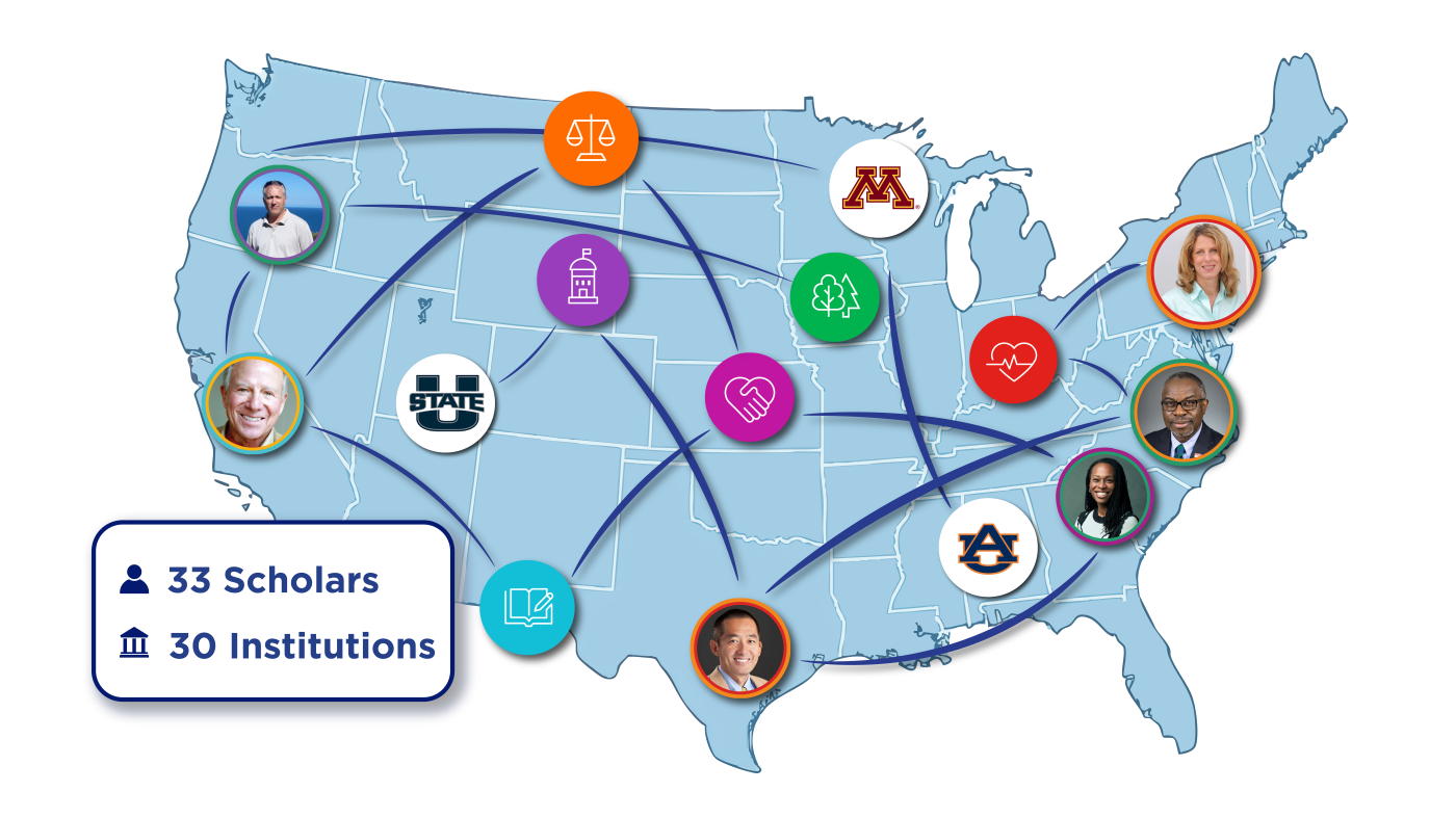Full scholar network map of the united state of America with images of scholars on various states and university logos sprinkled throughout