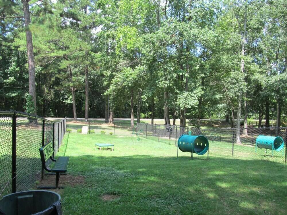 An image of Clark Park Dog Park with dog run and various park play equipment for dogs