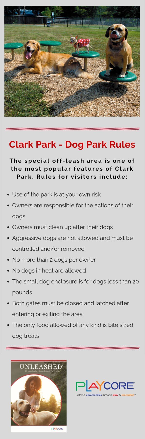 The rule infographic for Clark Park, including an image of three dogs of different breeds on park equipment and a list of park rules