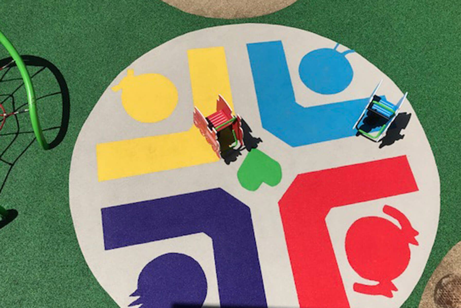 Overhead view of a colorful wheelchair-accessible playground area with a circular game board design. The board features four large arrows in yellow, blue, red, and purple, each pointing outward, with matching stylized animal shapes at the ends. Two small adaptive toy wheelchairs are placed on the board, and a green heart is in the center. The surface is made of soft playground material with surrounding green turf.