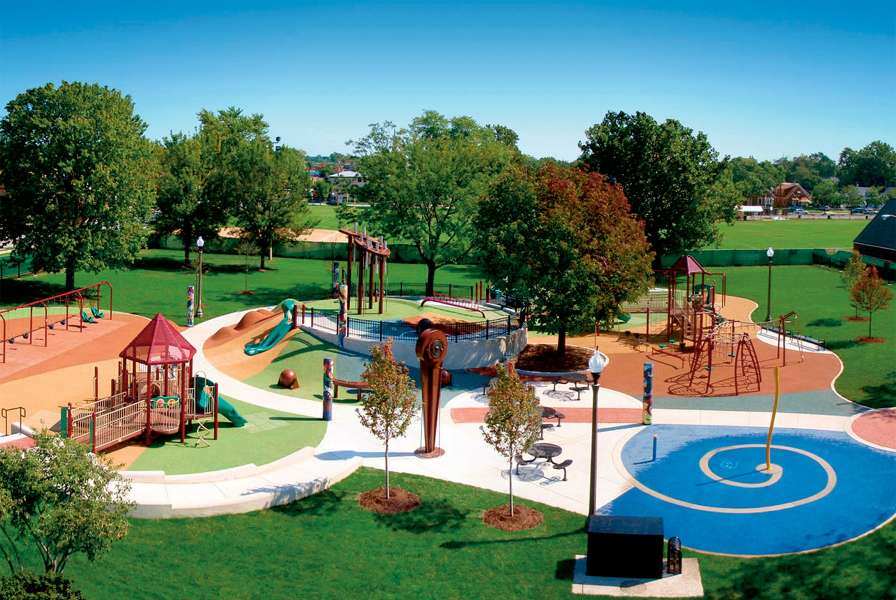 An overhead shot of a park playground on a bright sunny day